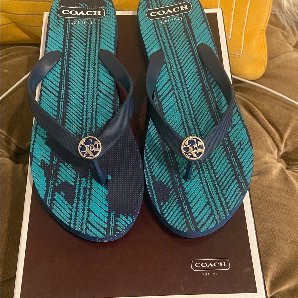 Coach Teal and Black Flip Flops. size 8
